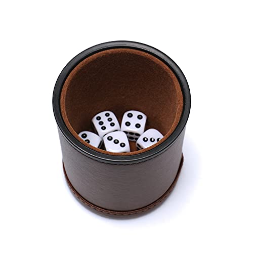 Leather Dice Cup Set Felt Lining Quiet Shaker with 5 Dot Dices for Farkle Yahtzee Games,Brown - color: Brown