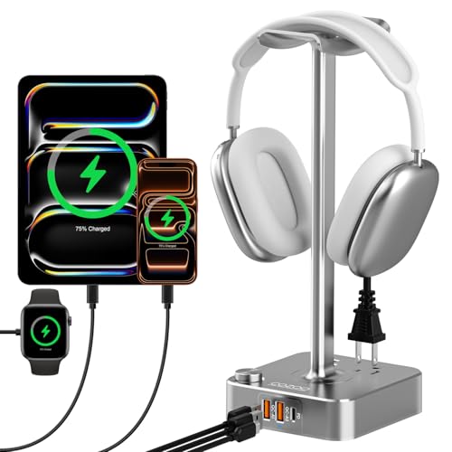 Headphone Stand with PD Fast Charger & QC3.0,Gaming Headset Holder with 3 USB Ports 2 AC Outlets for Desk,Cool Gamer Gifts for Men,Boyfriend,Teen Boys,Friends – Perfect Gaming Accessories & Room Setup - color: Gray