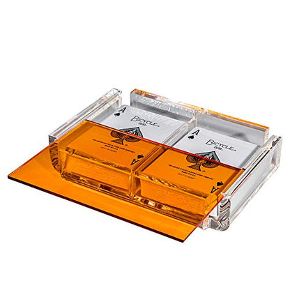 Modern Elegant Playing Card Deck Holder Tray with 2 Decks of Playing Cards in Unique Stylish Deluxe Acrylic Box with Color lid (Orange) - color: Orange