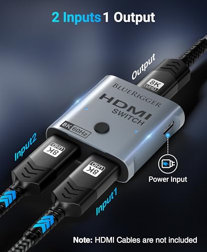 BlueRigger 8K HDMI Switch (8K 60Hz, 2 in 1 Out, 2 Port Ultra HD Switcher, 48Gbps Manual HDMI Selector Hub, HDR10+, Dolby Atmos) - Compatible with PS5, Xbox, Apple TV, Nintendo Switch, HDTV, Laptop