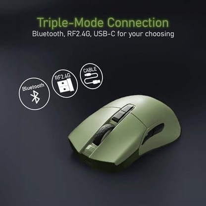 iRocks M31R Wireless Gaming Mouse, Triple Mode 2.4G/ Bluetooth/USB-C Detachable Cable Gaming Mouse, Kailh GM8.0 Mouse Switches, Advanced PixArt PAW3395 Optical Sensor, Up to 26,000 DPI - Olive Green - color: Olive Green