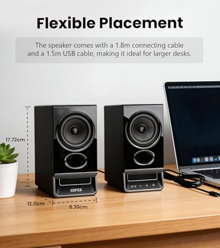 Edifier R20BT Computer Speakers, Touch Controls, AUX & USB-C Inputs, Black | 2.75" Full-Range Drivers, Bluetooth 6.0, Headphone Jack, Custom Ambient Light & Sound Profiles via APP - color: Black
