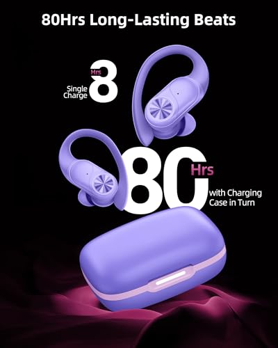 PocBuds Bluetooth Headphones Wireless Earbuds 80hrs Playtime Wireless Charging Case Digital Display Sports Ear buds with Earhook Deep Bass IPX7 Waterproof Over-Ear Earphones for TV Phone Laptop Purple - color: Purple, style: Standard
