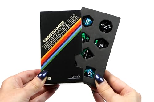Sharp Edge DND Dice Set – Surge 7 Piece Polyhedral Dice in Retro VHS Box – TTRPG Tabletop RPG Game Accessory - style: Surge