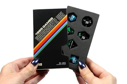 Sharp Edge DND Dice Set – Surge 7 Piece Polyhedral Dice in Retro VHS Box – TTRPG Tabletop RPG Game Accessory - style: Surge