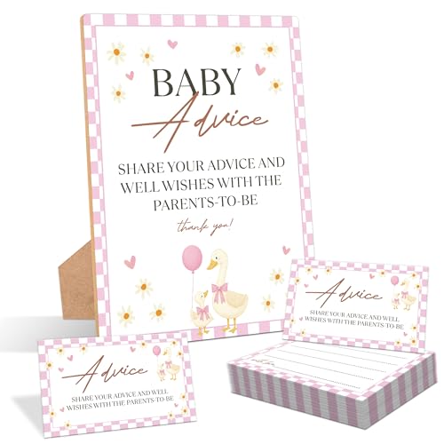Goose Baby Shower Advice for Parents To Be, Pack of 1 Wooden Tabletop Sign with Stand and 50 Advice Cards, Pink Goose Baby Shower Game, Gender Reveal Party Decorations - MP10 - color: Baby Shower Advice-Pink, size: Pink 5" x 7"
