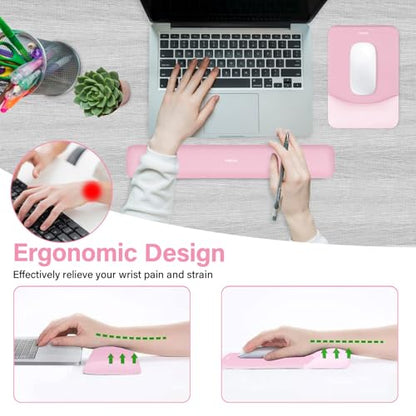 MOSISO Wrist Rest Support Mouse Pad & Keyboard Set, Pink | Rectangular Ergonomic Mousepad, Non-Slip Base, Home/Office Pain Relief & Easy Typing, Neoprene Cloth & Raised Silicone Lining - color: Pink