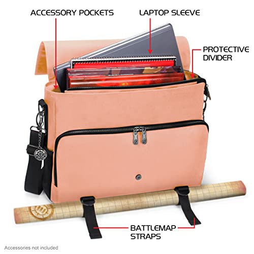 ENHANCE Collector's Edition RPG Player's Essentials DND Bag - Dragon Hide Exterior Messenger Bag Fits 2-4 Books, Binders, Dice & Accessories, with 17 inch Laptop Slot, Battlemap Straps (Dragon Pink) - color: Dragon Pink