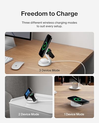Belkin Qi2 15W Wireless Fast Charging Station, 3 in 1 iPhone Charger | Fast Charging, MagSafe Compatible, iPhone 17/16/15, Apple Watch, AirPods, Travel Charger, Magnetic - color: White, style: 3 in 1