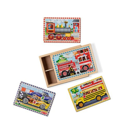 Melissa & Doug 4‑in‑1 Wooden Vehicle Jigsaw Puzzle Set, 48 Pieces with Storage Box, Toddler Puzzle Toy for Kids Ages 3+- FSC Certified - style: Vehicles
