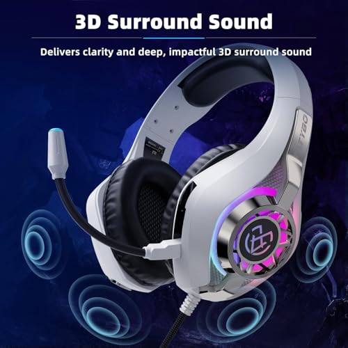 Tatybo Gaming Headset for PS5 PC, Noise Canceling Mic, RGB, White | Over Ear, Deep Bass Stereo Sound for FPS, Battle Royale, Lightweight for Xbox, PS4, Mobile, Nintendo, 3.5mm devices - color: WHITE