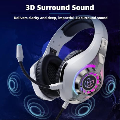 Tatybo Gaming Headset for PS5 PC, Noise Canceling Mic, RGB, White | Over Ear, Deep Bass Stereo Sound for FPS, Battle Royale, Lightweight for Xbox, PS4, Mobile, Nintendo, 3.5mm devices - color: WHITE