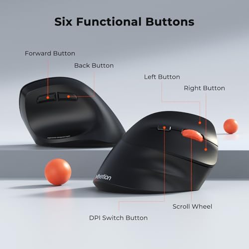 MEETION Wireless Ergonomic Vertical Mouse, Bluetooth & 2.4G, Large | Connects up to 3 devices with dual Bluetooth 5.3 and 2.4G, adjustable 1200-3200 DPI, designed for large hands, Windows/Mac/PC - color: Right Black Batt