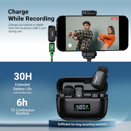 NEEWER KM19 Wireless Lavalier Microphone Compatible with iPhone 15 16 17 | Compatible with iPhone Android & PC, Mini Lav Mic, App Control, 3 Level Noise Cancelling, 30H Battery, 100m, Video Recording