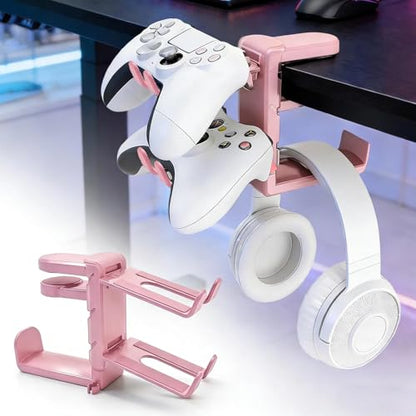 3-in-1 Gaming Headset Stand with Controller Holders Clamp-on Under Desk Rotating Headphone Hanger Adjustable PC Desk Headphone Holder with Cable Organizer - color: pink
