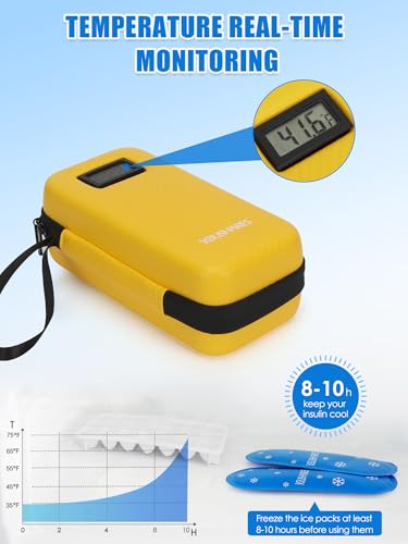 YOUSHARES Insulin Cooler Travel Case with Temperature Display, GLP-1 Diabetic Medicine Cooling Bag for Mounjaro, Refrigerated Diabetes Storage Kit with 2 TSA Approved Ice Pack - color: 00_bright Yellow