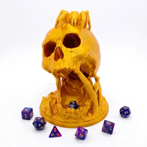 Skull Dice Tower Set, Tabletop RPG Gaming Dice Roller with Dices | Dice Rolling Tower with 7 dices for DND TTRPG, Fantasy Eldritch Horror Gaming Tabletop Accessory Decor Gift for DM Players - color: Golden Skull