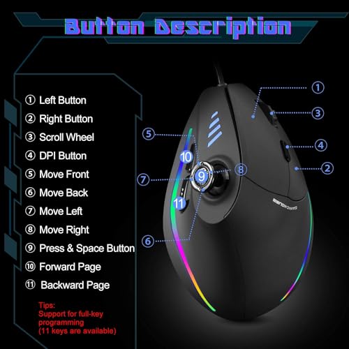 TKMARS Wired Ergonomic Mouse with Joystick, Vertical Gamer Mouse 11 Programmable Buttons 10000 DPI Adjustable Gaming Mouse for PC Mac USB Computer Black