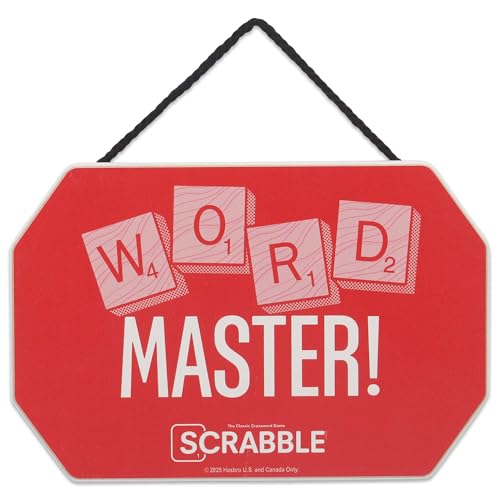 Hasbro Scrabble Word Master Hanging Wood Wall Decor | Fun Scrabble Game Sign for Office or Game Room - color: Red/White