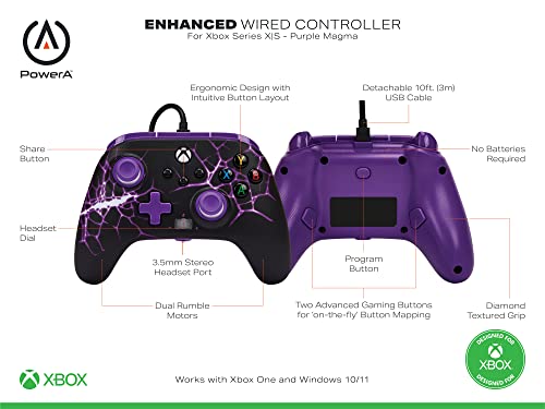 PowerA Enhanced Wired Controller for Xbox Series X|S - Purple Magma, gamepad, wired video game controller, gaming controller, Xbox Controller with Detachable 10ft USB-C Cable, Mappable Buttons and Rumble Motors, Officially Licensed for Xbox - color: Purpl