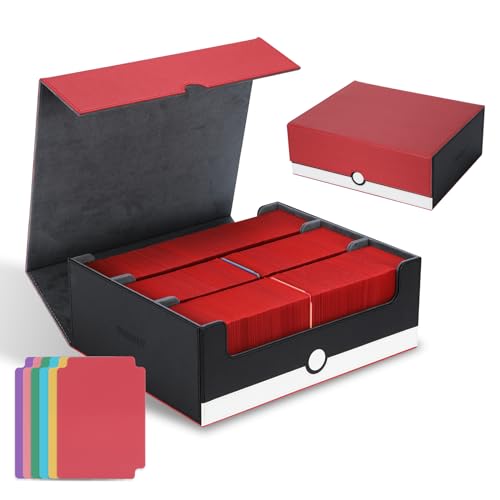 tombert Card Storage Box - 1800+ Capacity Case with 6 Dividers & Secure Magnetic Seal for TCG, MTG, YuGiOh, Sport Cards (3 Rows-White & Red) - size: 1800+