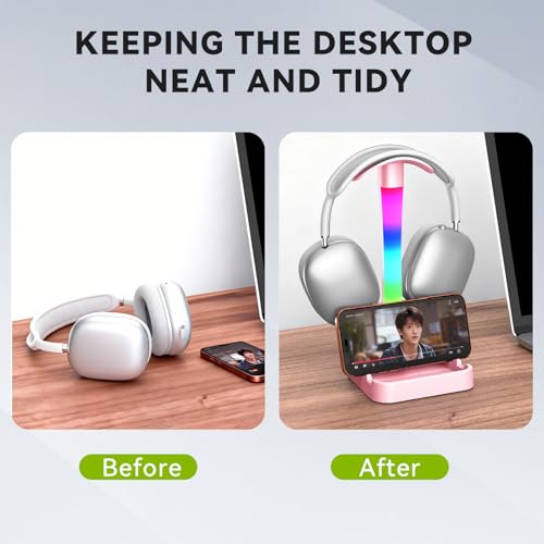 Headphone Stand with Charger,Gaming Headset stand with RGB Light Mode,For Airpod Max Stand,Desk Lamp,Phone Holder,Tablet Holder,desktop organizer,Gifts for Gamers & Music Lover (Pink) - color: Pink