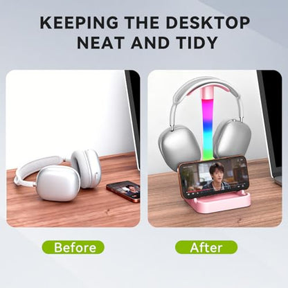 Headphone Stand with Charger,Gaming Headset stand with RGB Light Mode,For Airpod Max Stand,Desk Lamp,Phone Holder,Tablet Holder,desktop organizer,Gifts for Gamers & Music Lover (Pink) - color: Pink