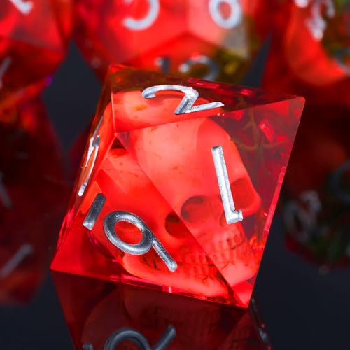 Froggod Blood Moss & Skull DND Dice Set with Gift Box for DND RPG, 7Pcs | Blood resin DND role playing dice with moss skull design and sharp edges for MTG, tabletop games and collectors - color: Blood