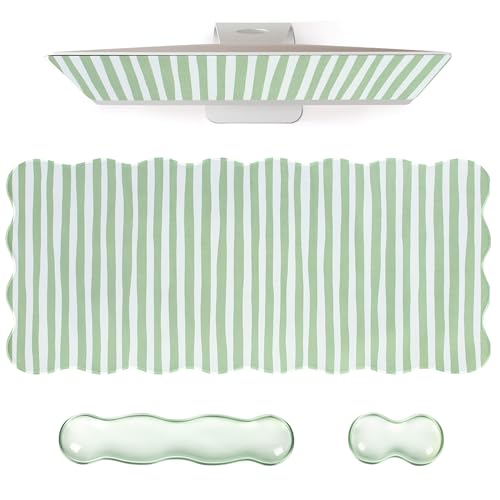 L-SPOUTTO Green Striped Mouse Pad Set,Scalloped XXL Desk Mat + Ergonomic Mouse Wrist Rest + Gel Keyboard Wrist Rest for Keyboard 65%/75%,3in1 Large Desk Pad for Desktop Home Office Computer Game - color: Green Striped