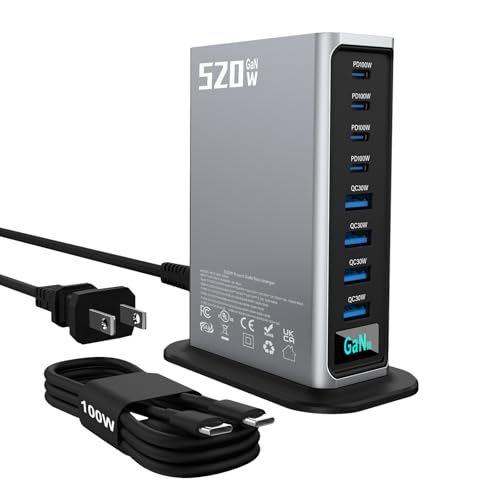 520W USB C Fast Charger Block, PD 3.1 100W 8 Port USB Charging Station, GaN Ⅲ Fast Charging Station for Multiple Devices, Laptop Wall Charger Compatible with iPhone 17/iPad/MacBook etc - color: 520W Silver