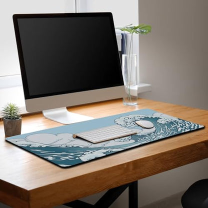 Big Mouse Pad Blue and White, Great Wave Desk Mouse Pads Office Desk Pads, Extra Large Gaming Mouse Pad Non-Slip Rubber Base Waterproof with Stitched Edges, 35.4 X 15.7 inch Japanese Wave - color: Japanese Wave