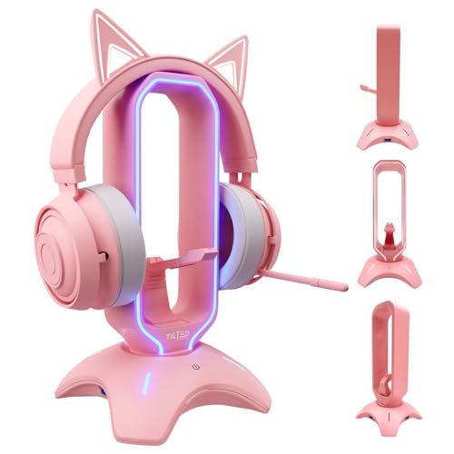 Tilted Nation Cute Headphone Stand Pink | Headset Stand with RGB, Mouse Bungee Holder, and 2 Port USB Hub Charger - Desk Gaming Accessories - color: Pink