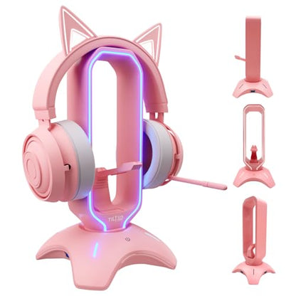 Tilted Nation Cute Headphone Stand Pink | Headset Stand with RGB, Mouse Bungee Holder, and 2 Port USB Hub Charger - Desk Gaming Accessories - color: Pink