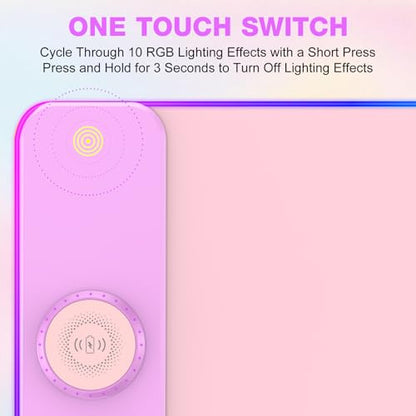 TARKARI Magnetic Wireless Charging RGB Mouse Pad, Large Gaming Desk Mat, 31.5"x11.8" Waterproof Mousepad, Ultra-Smooth Surface, Non-Slip Rubber Base, Desk Pad for Keyboard Laptop - color: Pink