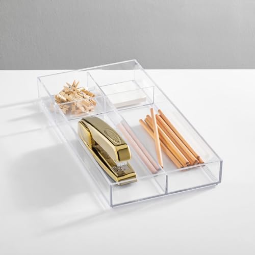 mDesign Plastic Stackable Office Divided Storage Drawer Organizer Tray for Cabinet, Desk, Shelf, or Closet Organization - Holds Note Pads, Pens, Tape, Staples, Scissors, Lumiere Collection - Clear