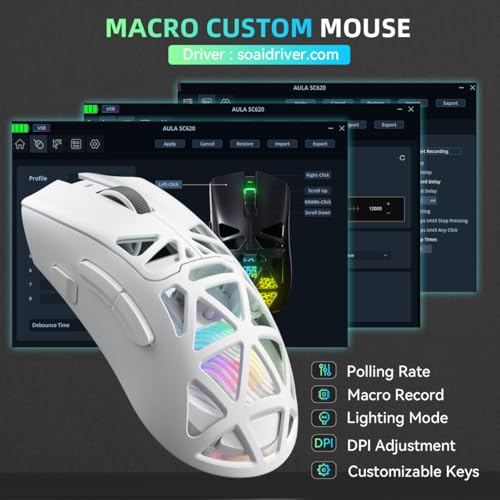 Aula SC620 Wireless Gaming Mouse, Tri-Mode 2.4GHz/USB-C/BT5.3 Computer Mouse with 12000 DPI, Programmable Macro Gamer Mouse with Rapid Fire Key, RGB Light White Gaming Mice for PC/Laptop/Mac - color: White