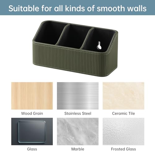 No Drill PU Leather Wall Remote Holder, 3 Compartments Storage Caddy for TV AC Remotes, Pens, Eyeglasses, Home Bedroom Bathroom Office (Stylish Green Fine Ribbed) - color: Stylish Green Fine Ribbed