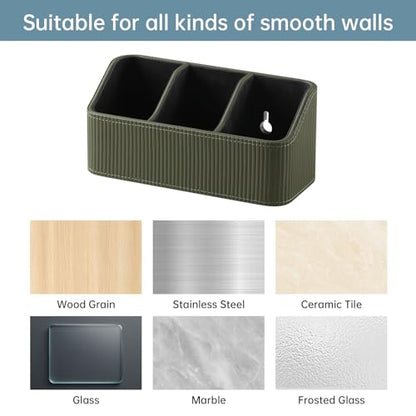 No Drill PU Leather Wall Remote Holder, 3 Compartments Storage Caddy for TV AC Remotes, Pens, Eyeglasses, Home Bedroom Bathroom Office (Stylish Green Fine Ribbed) - color: Stylish Green Fine Ribbed
