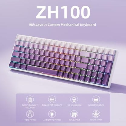ZORNHER ZH100 Wireless Mechanical Keyboard,98% Purple Creamy Keyboard with Number Pad,Full Size Gaming Keyboard,Lighted Up PBT Dipped Keycaps,Creamy Sounding Linear Switches - color: Purple Gradient, size: Creamy Switch