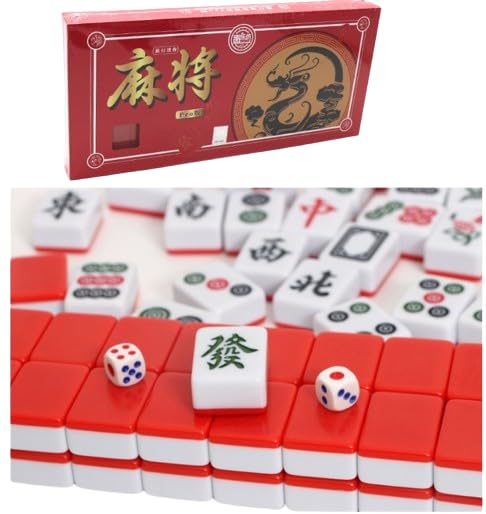 Red Mini Mahjong Set 麻将 Waterproof Mahjong Portable Mini Mahjong Internet Celebrity Creative Portable Outdoor Travel Mahjong with gife Box Carrying Travel Dragon Case,Mahjong Tile Game,2 Dice 4 Racks