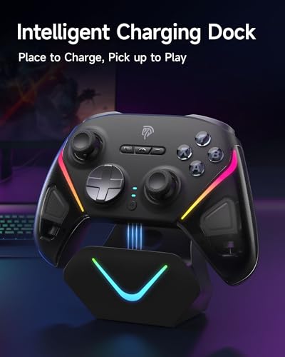 EasySMX D10 Wireless Game Controller – TMR Anti-Drift Joysticks, Dual-Mode Triggers, 1000Hz Polling, Mechanical Buttons, RGB – Bluetooth Gamepad for PC/Switch/Switch2/iOS/Android with Charging Dock - color: Black