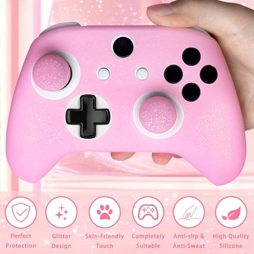 Pink Glitter Anti-Slip Protective Silicone Cover Skin Grips Compatible with Xbox ONE S/X Controller,8 PCS Glitter Thumb Grips Caps and 2 Grips Caps. - color: Glitter Pink