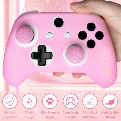 Pink Glitter Anti-Slip Protective Silicone Cover Skin Grips Compatible with Xbox ONE S/X Controller,8 PCS Glitter Thumb Grips Caps and 2 Grips Caps. - color: Glitter Pink