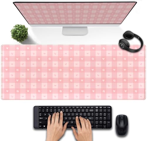 Pink Minimalist Gingham Floral Desk Mat Gaming Mouse Pad Large Cute Pastel Desk Pad Deskmat Kawaii, Women Office Desk Cover Mat, Laptop Computer Keyboard Mat Mousepad Desk Accessories 31.5"x11.8" - color: Pink Gingham Floral