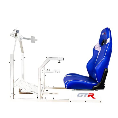 GTR Simulator GTA-F Racing Cockpit | Silver Frame with Triple/Single Monitor Stand | Adjustable Leatherette Seat | Stable & Adjustable | Compatible with All Steering Wheels & Pedals for PC & Console - color: White, Blue White