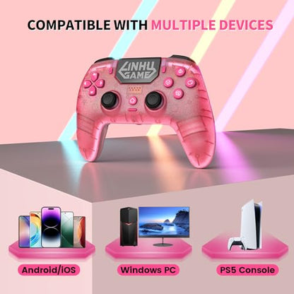 linhugame Wireless Controller for P5/Pro/Slim/PC, with Transparent Shell/RGB Tape Light/Hall Effect Joyticks and Trigger/Macro/Turbo/3.5mm Audio Jack/Speaker and Mic/1500 mAh Large Battery Gamepad (Pink)