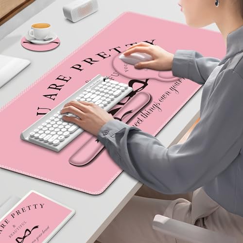 Gaming Mouse Pad, Large Desk Mat, 4in1 XXL Mousepad Cute Desk Pad Protector | Keyboard Wrist Rest+Mouse Wrist Rest+Coaster Set with Ergonomic Desk Pad for Home Office Table Computer, Pink Pretty Bow - color: Pink Pretty Bow
