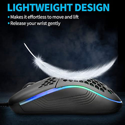 Techsea Honeycomb Wired Gaming Mouse with RGB On/Off Switch, 7200 Adjustable DPI, Ergonomic Lightweight Design & High Precision Sensor for PC/Mac Gamers (Black) - color: Black