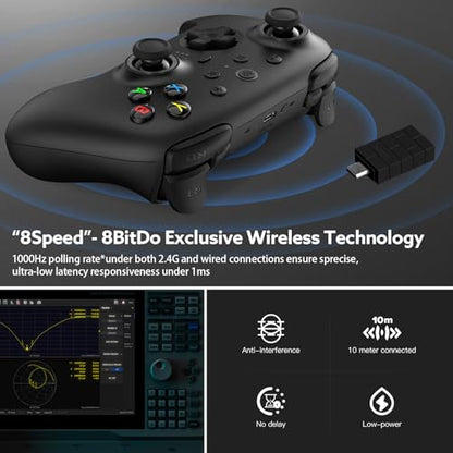 8Bitdo Ultimate 2 Wireless 2.4G Controller (Black) | For Windows PC, Apple, Steam & Android, TMR Joystick, Star-Ring RGB Lights, Adjustable Trigger Locks, Charging Dock Included - color: Black