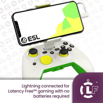 ESL Gaming Controller for iOS iPhone – Wired Gamepad with Triggers, Power Pass Through Charging, D-Pad & Headphone Socket - Handheld Game Console Accessory with ZeroG Mobile Device Holder